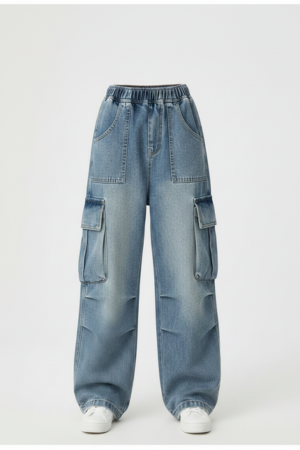 Pantalon Parachute Denim Ample Cargo Enfant - Bleu Jean - vue 3