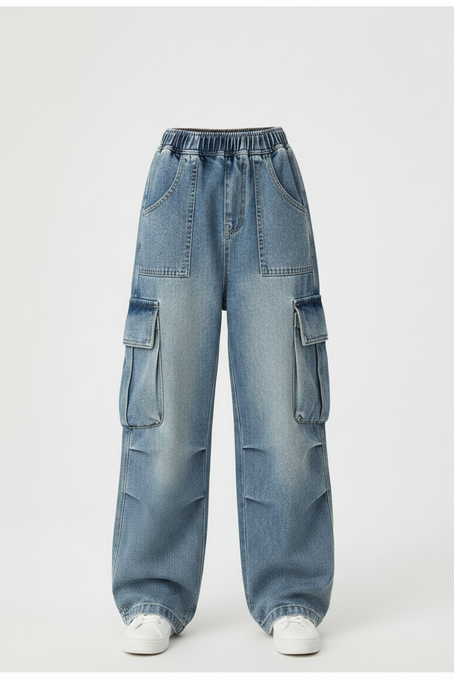 Pantalon Parachute Denim Ample Cargo Enfant - Bleu Jean - vue 3