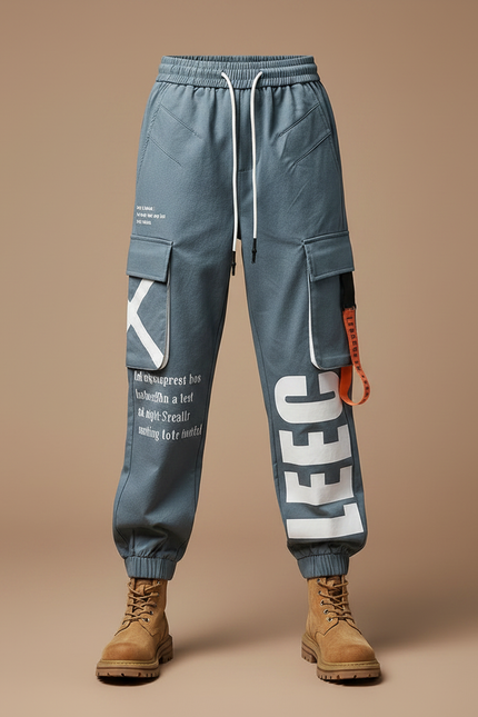 Pantalon Parachute Gris Imprimé Cargo Ample Streetwear - Toile - vue 3