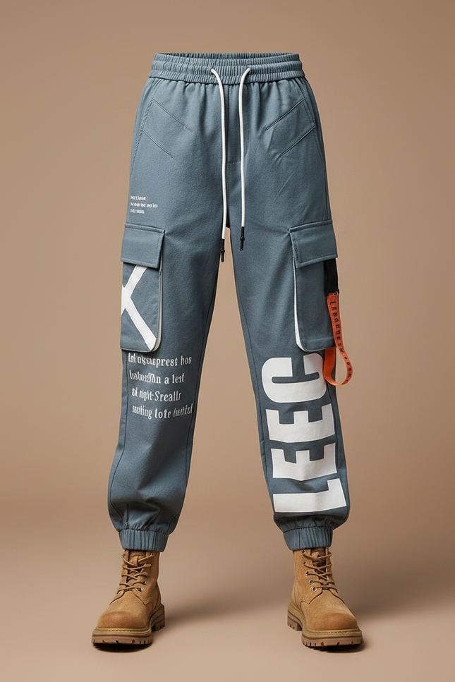 Pantalon Parachute Gris Imprimé Cargo Ample Streetwear - Toile - vue 3