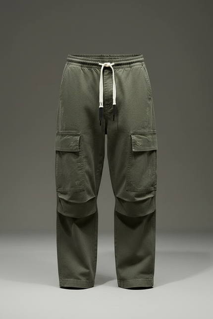 Pantalon Parachute Vert Ample Coton Cargo Homme - Kaki - vue 3