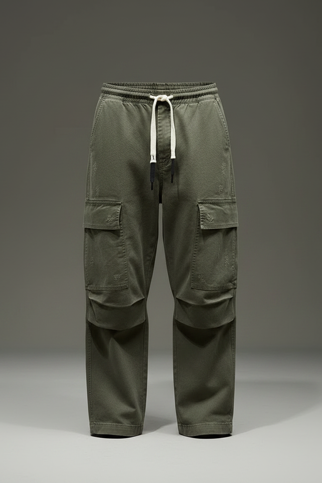 Pantalon Parachute Vert Ample Coton Cargo Homme - Kaki - vue 3