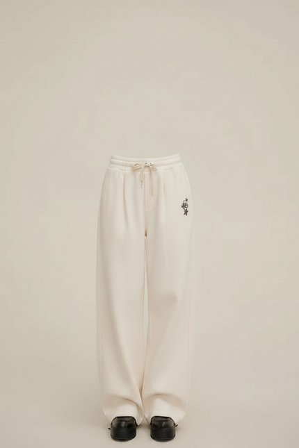 Pantalon Parachute Crème Ample Brodé Décontracté Femme - Beige Molleton - vue 2