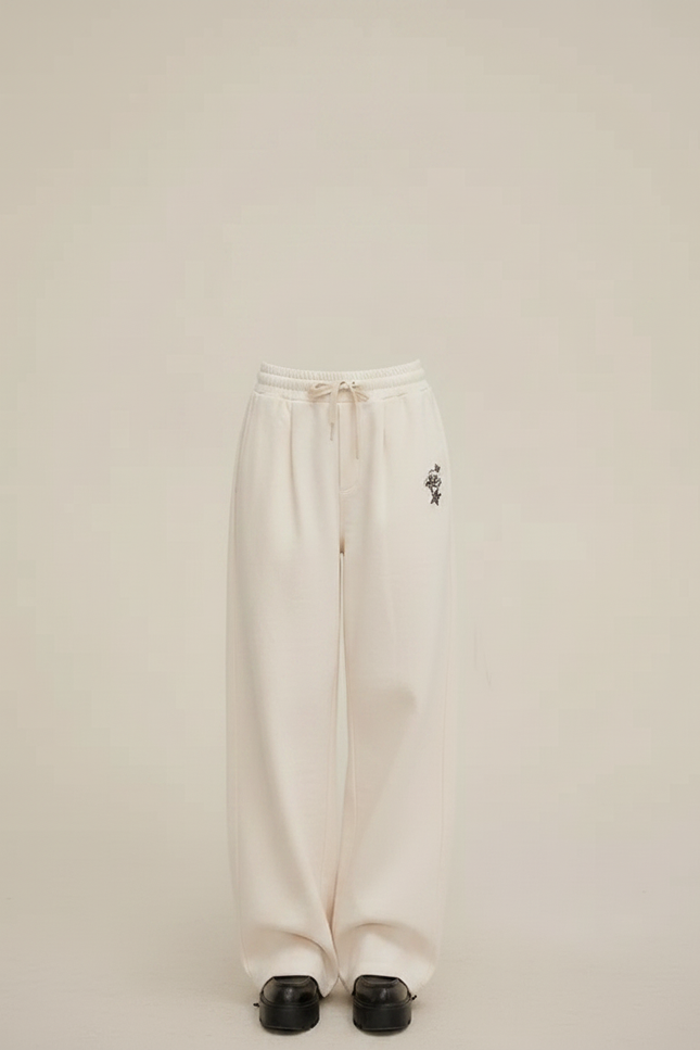 Pantalon Parachute Crème Ample Brodé Décontracté Femme - Beige Molleton - vue 2