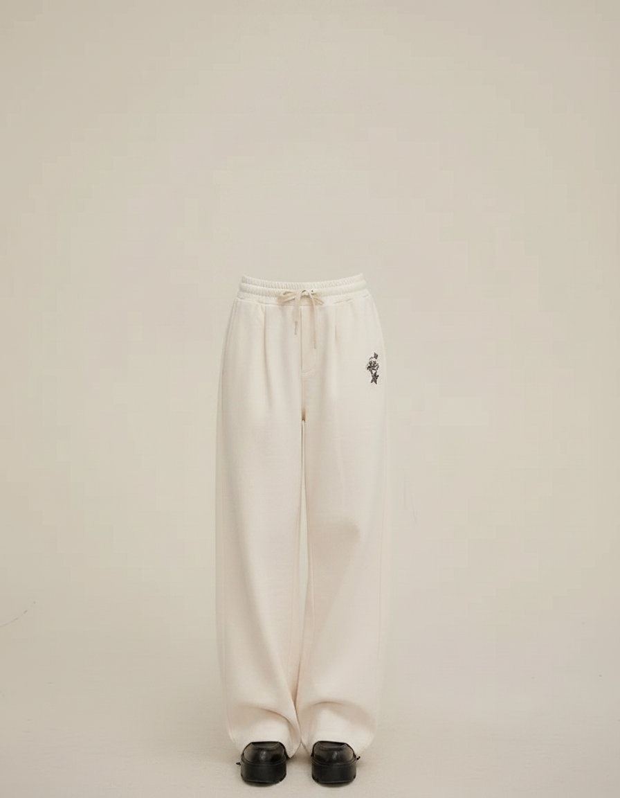 Pantalon Parachute Crème Ample Brodé Décontracté Femme - Beige Molleton - vue 2