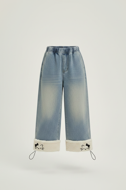 Pantalon Parachute Denim Ample Doublé Chat Fille - Bleu Jean - vue 3