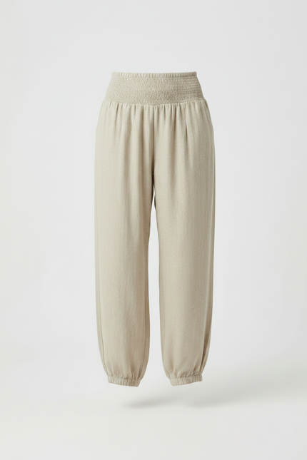 Pantalon Parachute Beige Ample Fluide Smocké Femme - Lin - vue 3