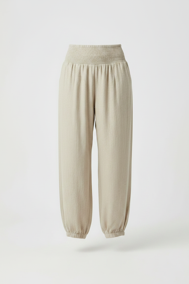 Pantalon Parachute Beige Ample Fluide Smocké Femme - Lin - vue 3