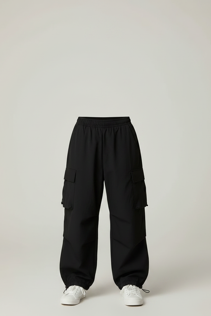 Pantalon Parachute Noir Ample Cargo Cordon - Polyester - vue 3