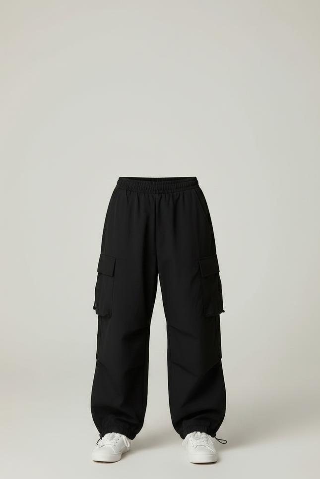 Pantalon Parachute Noir Ample Cargo Cordon - Polyester - vue 3