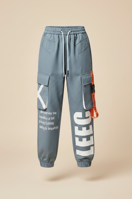 Pantalon Parachute Gris Imprimé Cargo Streetwear Ample - Molleton - vue 3