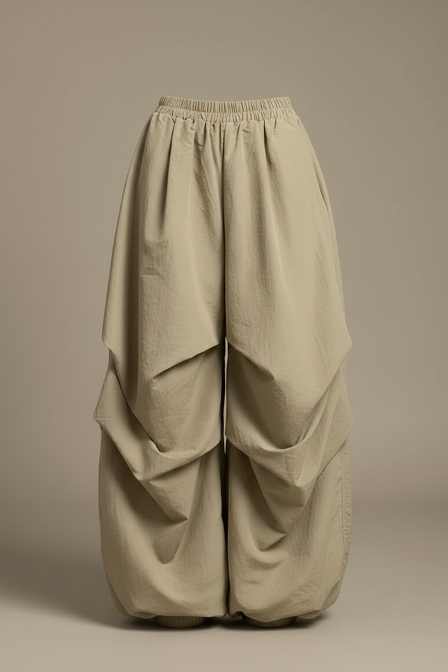 Pantalon Parachute Kaki Ample Plissé Décontracté Femme - Polyester - vue 3