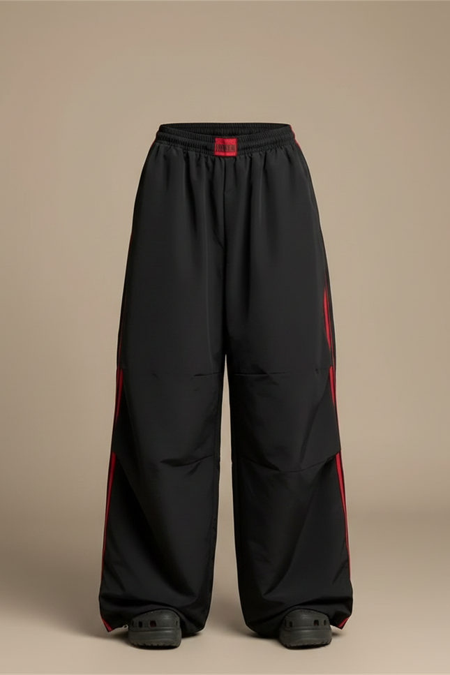Pantalon Parachute Noir Ample Rayures Rouges - Polyester - vue 3