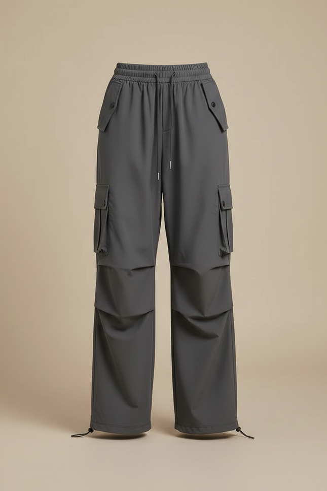 Pantalon Parachute Gris Femme Cargo Ample Droite Décontracté - Polyester - vue 3
