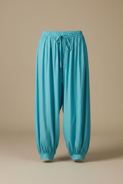 Pantalon Parachute Fluide Ample Cordon Cheville Turquoise - Bleu Viscose - vue 3