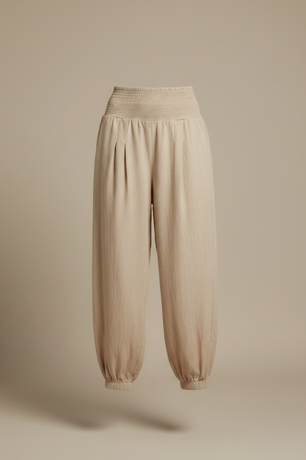 Pantalon Parachute Beige Ample Smocké Fluide Femme - Lin - vue 3
