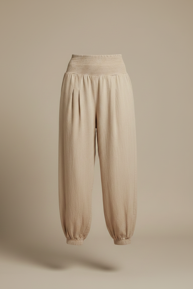 Pantalon Parachute Beige Ample Smocké Fluide Femme - Lin - vue 3