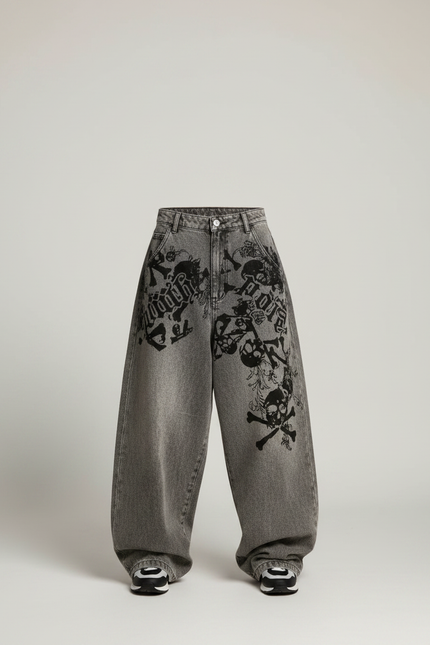 Pantalon Parachute Gris Délavé Ample Crânes Gothique - Jean - vue 3