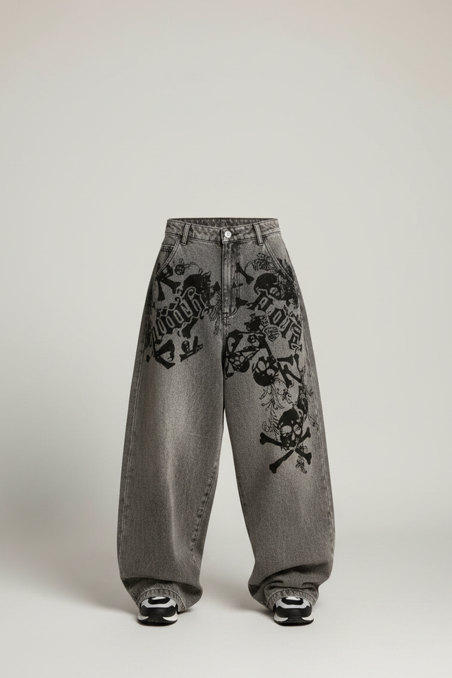 Pantalon Parachute Gris Délavé Ample Crânes Gothique - Jean - vue 3