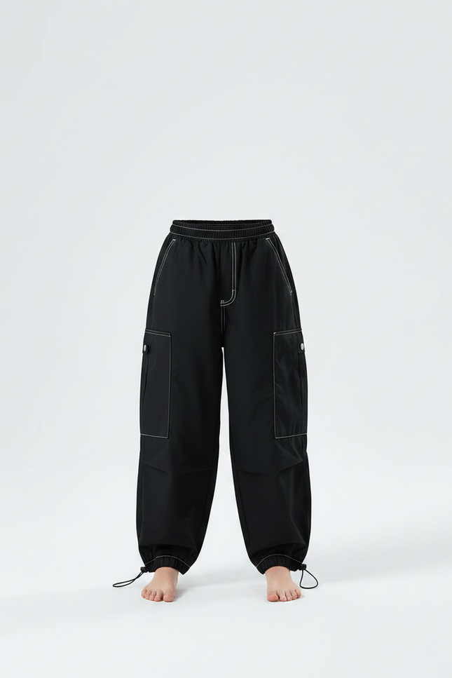 Pantalon Parachute Noir Cargo Ample Fille Décontracté - Polyester - vue 3
