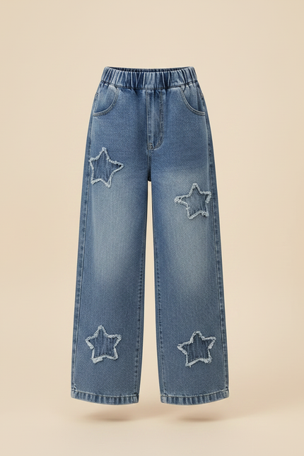 Pantalon Parachute Denim Étoiles Ample Fille Casual - Bleu Jean - vue 3