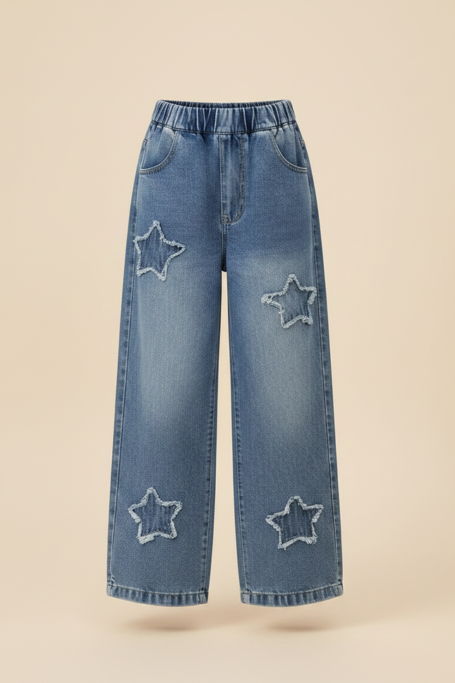 Pantalon Parachute Denim Étoiles Ample Fille Casual - Bleu Jean - vue 3