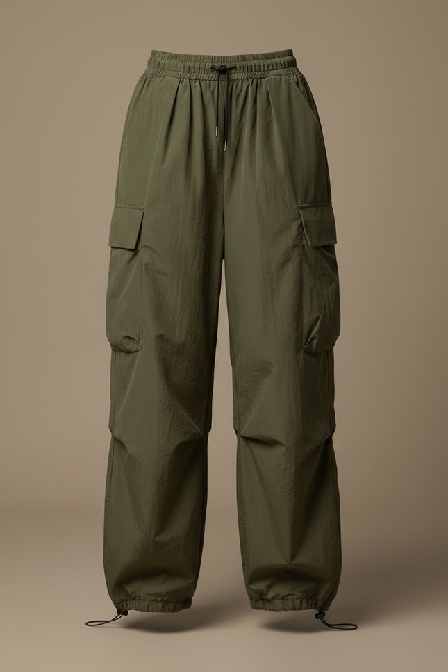 Pantalon Parachute Vert Ample Cargo Nylon Fluide - Kaki Polyester - vue 3