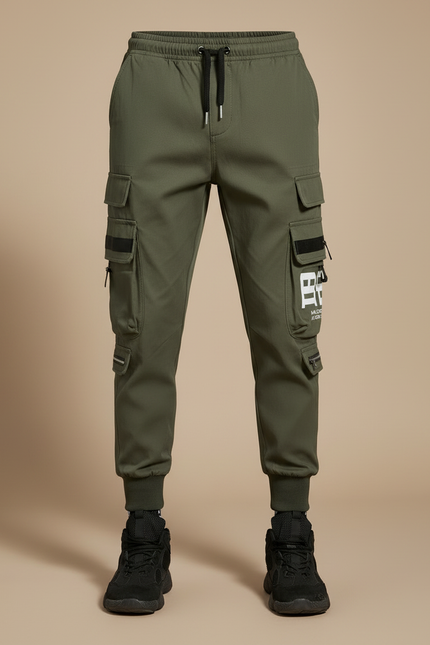 Pantalon Parachute Kaki Cargo Imprimé Jogger Homme Streetwear - Gabardine - vue 3