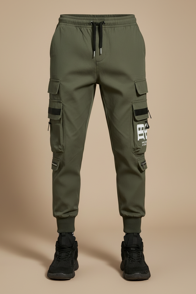 Pantalon Parachute Kaki Cargo Imprimé Jogger Homme Streetwear - Gabardine - vue 3
