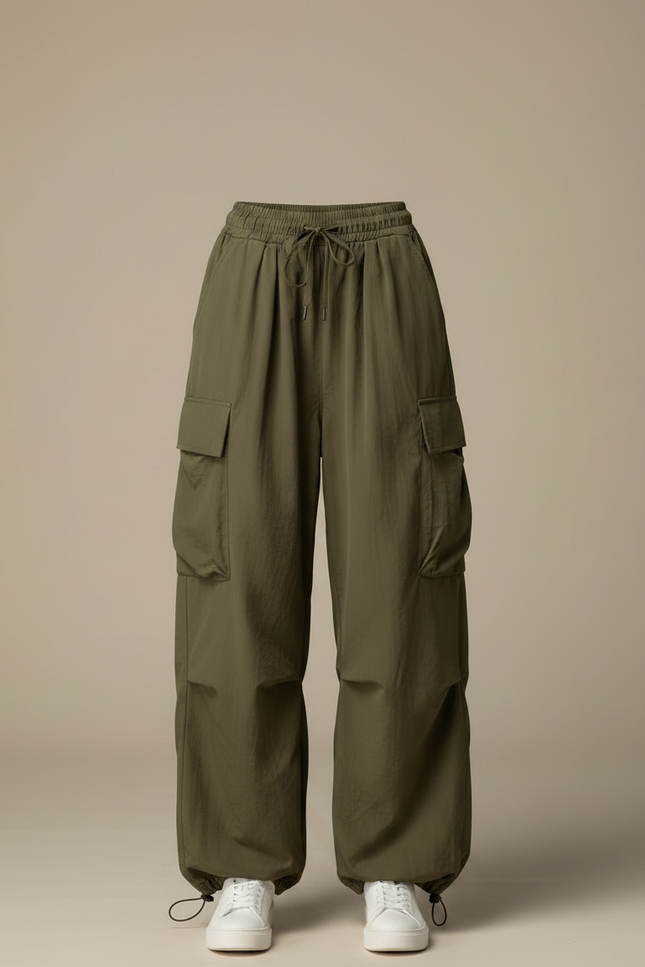 Pantalon Parachute Kaki Cargo Femme Ample Fluide - Polyester - vue 3