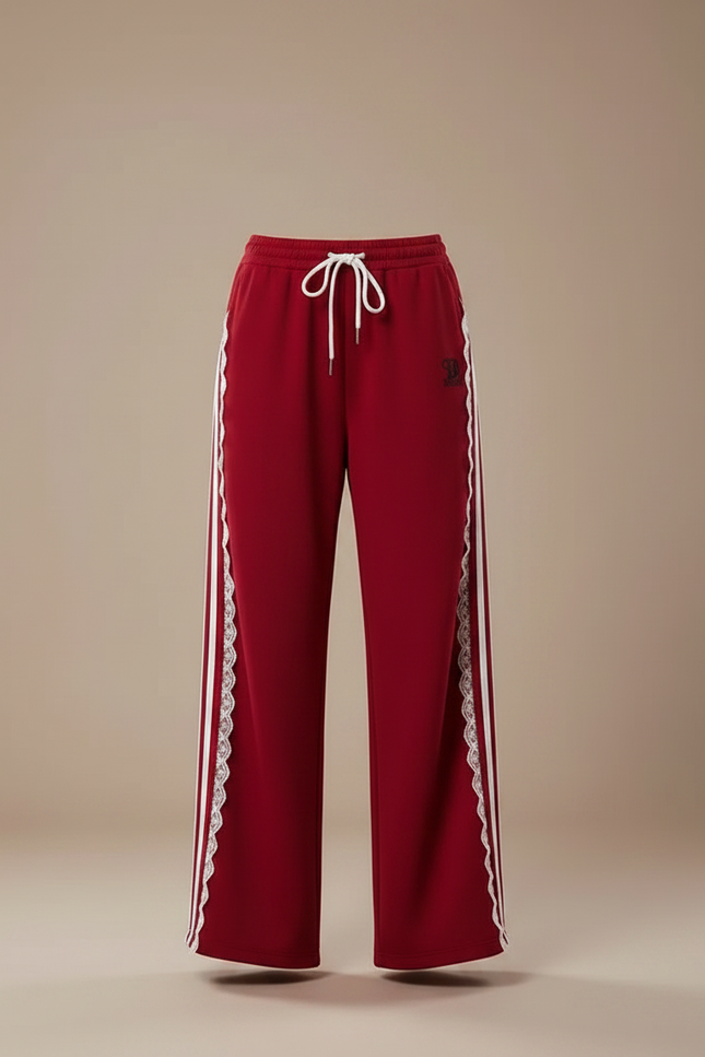 Pantalon Parachute Rouge Ample Rayures Dentelle Femme - Molleton - vue 3