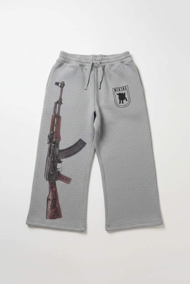 Pantalon Parachute Gris Imprimé AK-47 Molletonné Décontracté Large - vue 2