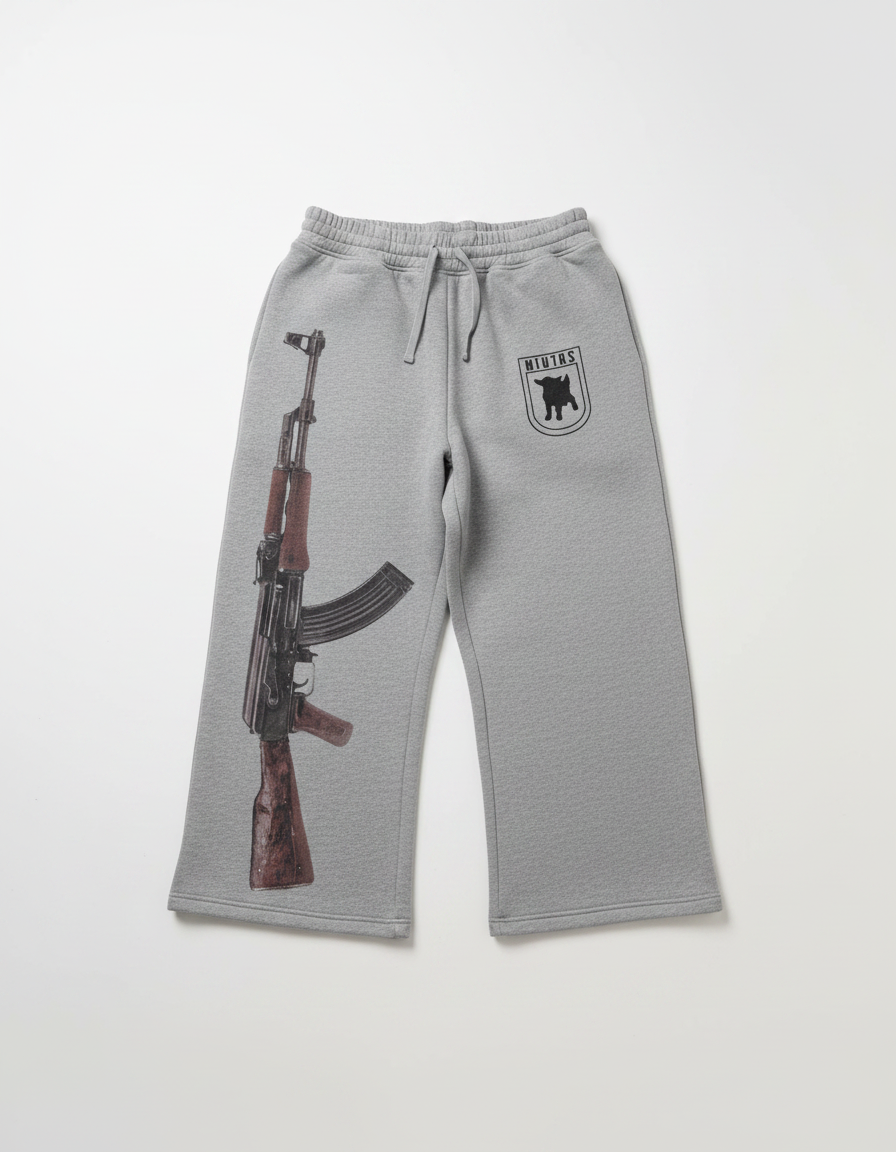 Pantalon Parachute Gris Imprimé AK-47 Molletonné Décontracté Large - vue 2