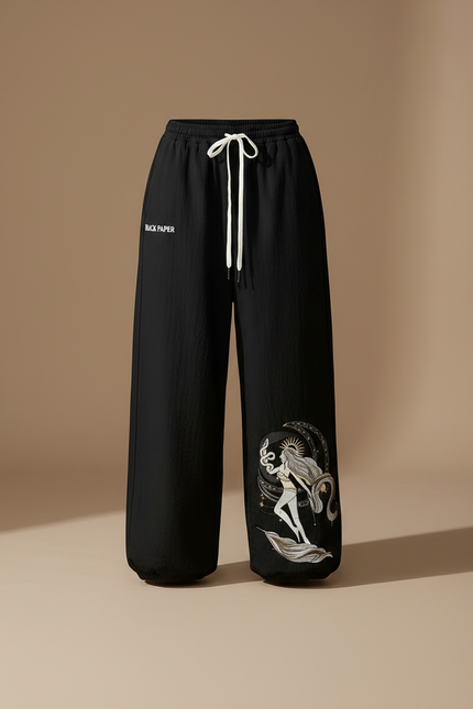 Pantalon Parachute Noir Ample Imprimé Sirène Cordon Femme - Polyester - vue 3
