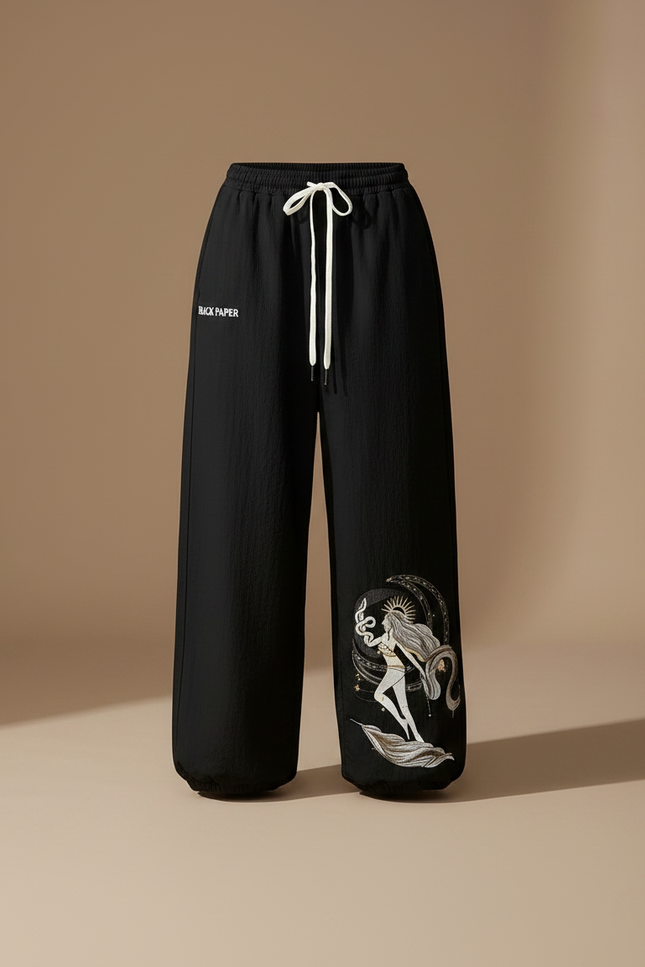 Pantalon Parachute Noir Ample Imprimé Sirène Cordon Femme - Polyester - vue 3