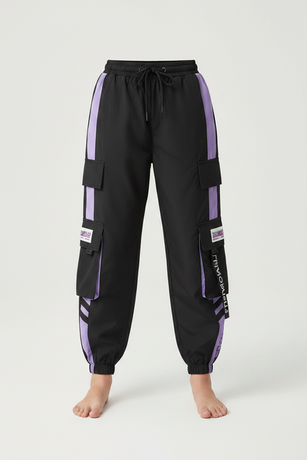 Pantalon Parachute Noir Violet Cargo Ample Streetwear Sportif - Polyester - vue 3