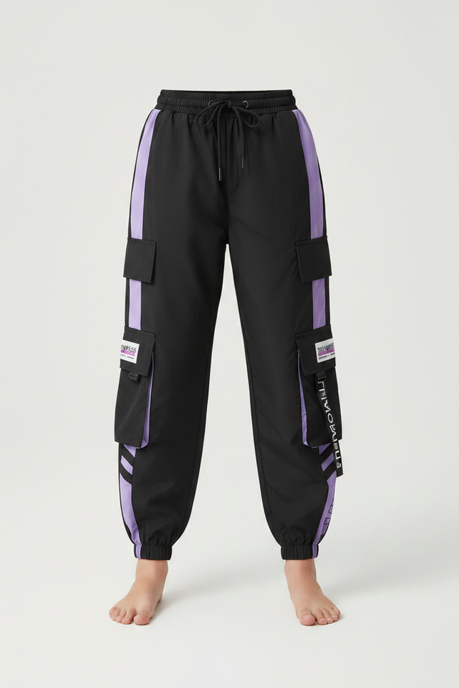 Pantalon Parachute Noir Violet Cargo Ample Streetwear Sportif - Polyester - vue 3