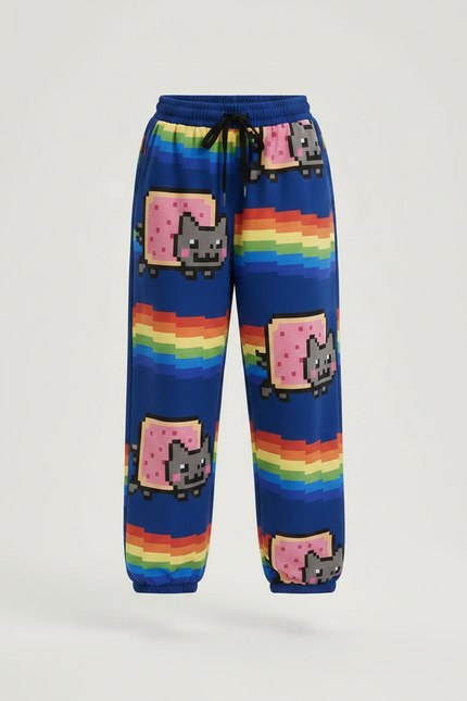 Pantalon Parachute Bleu Arc-en-ciel Pixel Nyan Cat Ample - Multicolore Molleton - vue 3