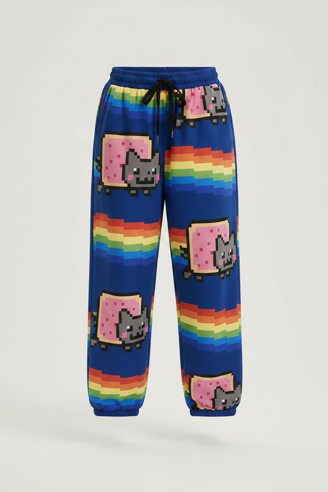 Pantalon Parachute Bleu Arc-en-ciel Pixel Nyan Cat Ample - Multicolore Molleton - vue 3