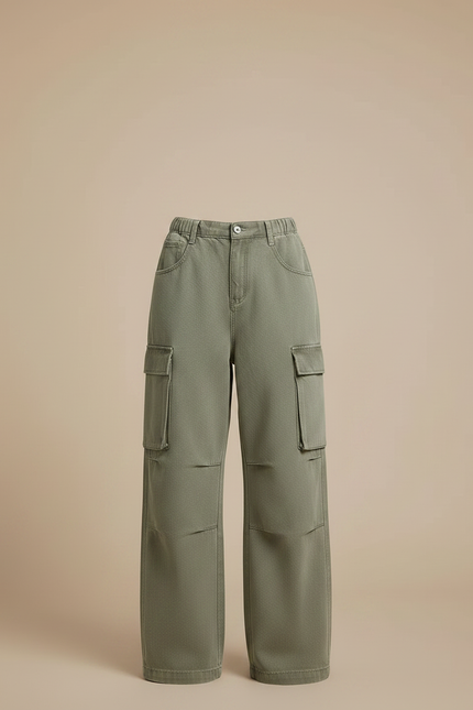 Pantalon Parachute Vert Ample Denim Cargo Multipoches Femme - Kaki Jean - vue 3