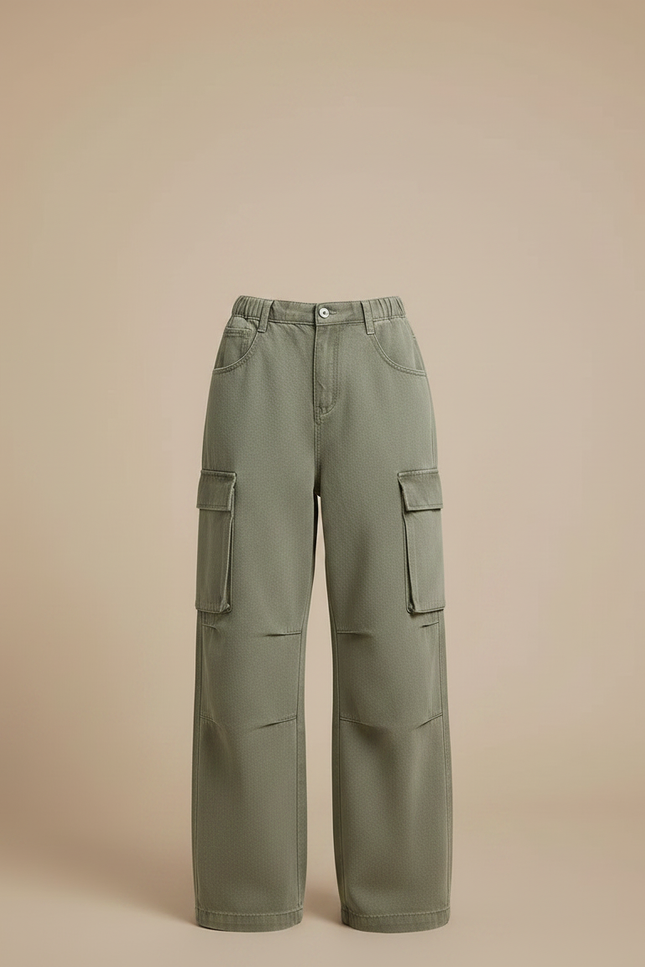 Pantalon Parachute Vert Ample Denim Cargo Multipoches Femme - Kaki Jean - vue 3