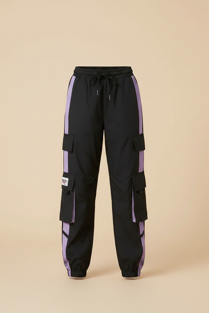 Pantalon Parachute Noir Violet Cargo Ample Streetwear - Polyester - vue 3