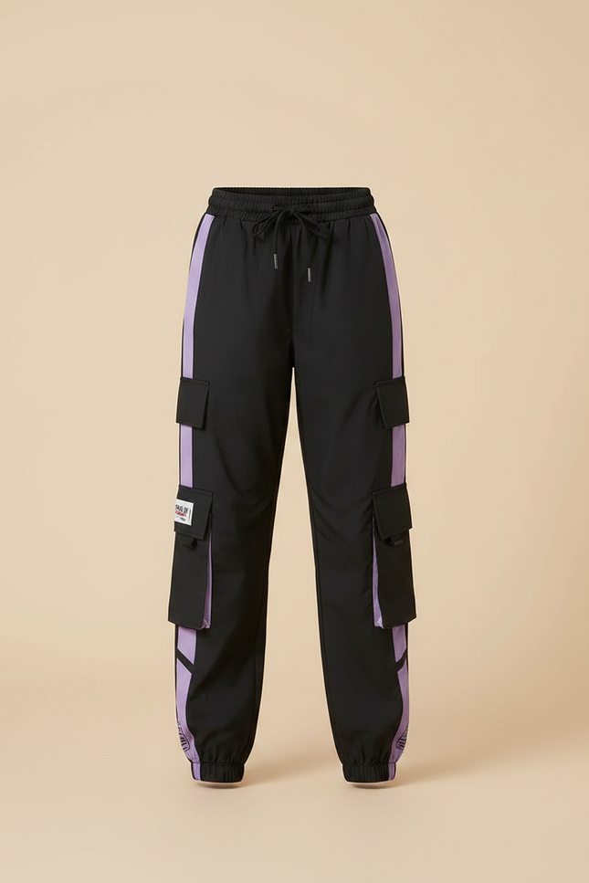 Pantalon Parachute Noir Violet Cargo Ample Streetwear - Polyester - vue 3