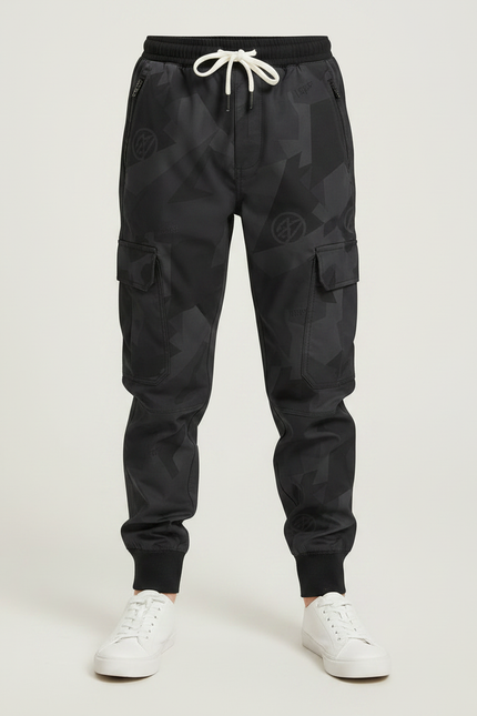 Pantalon Parachute Noir Cargo Imprimé Géométrique Cordon Junior - Polyester - vue 3