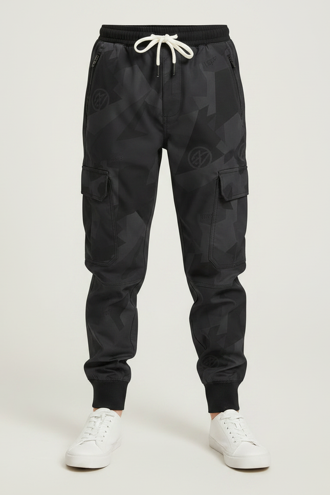 Pantalon Parachute Noir Cargo Imprimé Géométrique Cordon Junior - Polyester - vue 3