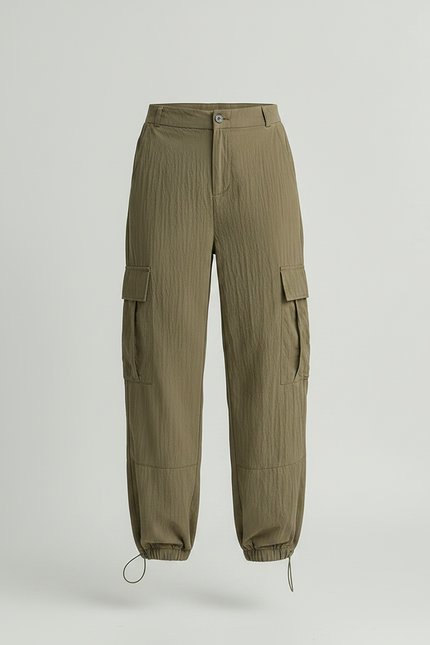 Pantalon Parachute Kaki Ample Cargo Côtelé Femme - Polyester - vue 3