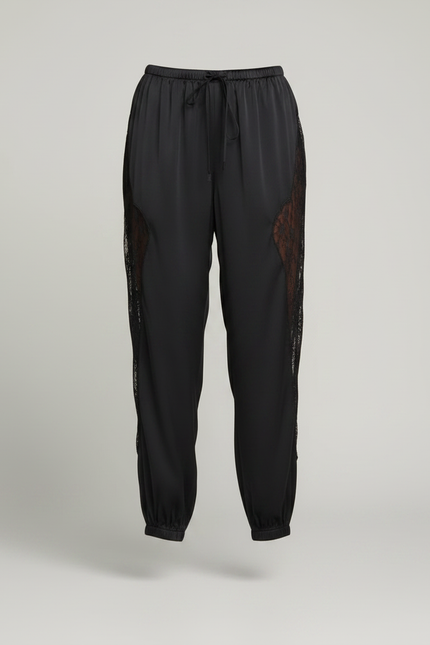 Pantalon Parachute Noir Satiné Dentelle Fluide Femme - vue 3