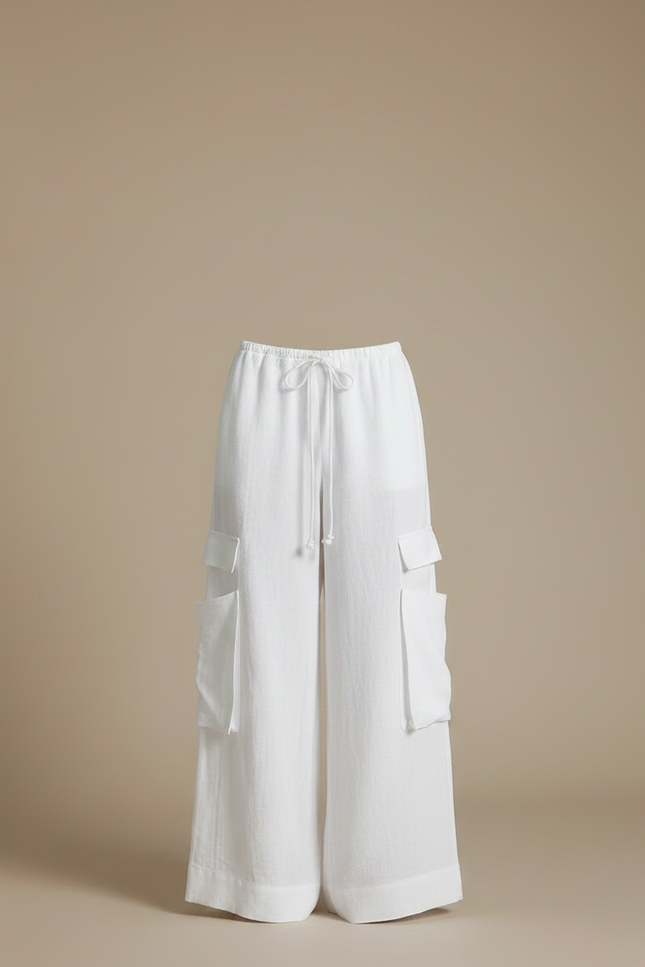 Pantalon Parachute Blanc Ample Lin Cargo Femme - vue 3