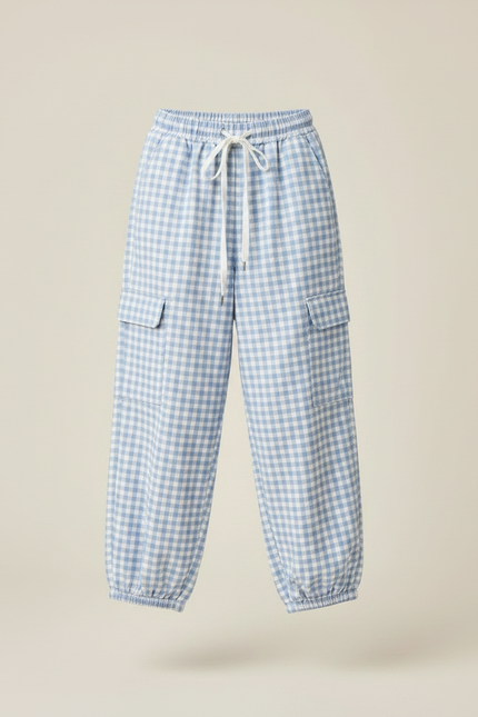 Pantalon Parachute Vichy Bleu Ample Fille Décontracté - Coton - vue 3