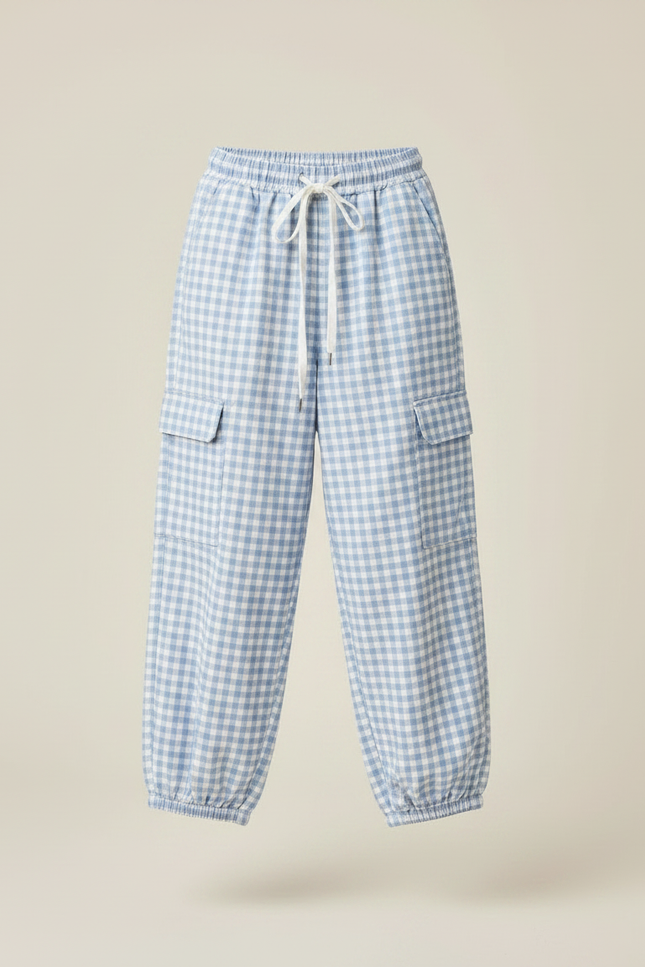Pantalon Parachute Vichy Bleu Ample Fille Décontracté - Coton - vue 3